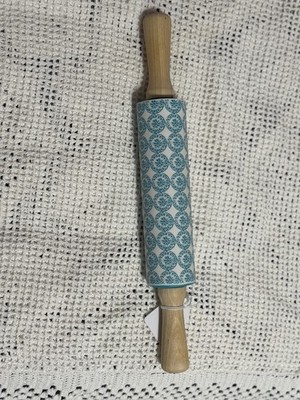 Blue Geometric Embossing Rolling Pin Wood With Handles