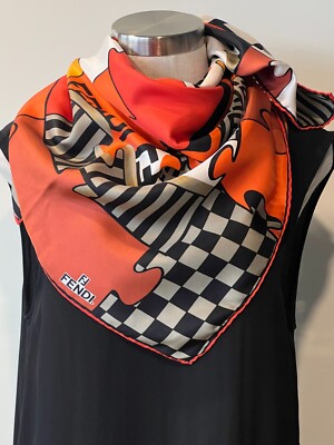 FENDI Italy Red/Orange/Black Silk Twill Check/Stripe/Logo