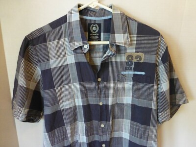 Lerros Mens Shirt Large Blue Plaid Button Short Sleeve