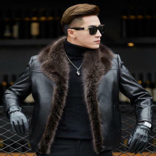 Men Raccoon Fur Collar Real Sheepskin 
