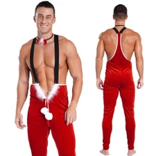 Mens Christmas Elastic Strap Xmas Role Play Jumpsuit With Bowknot Neckband Sexy