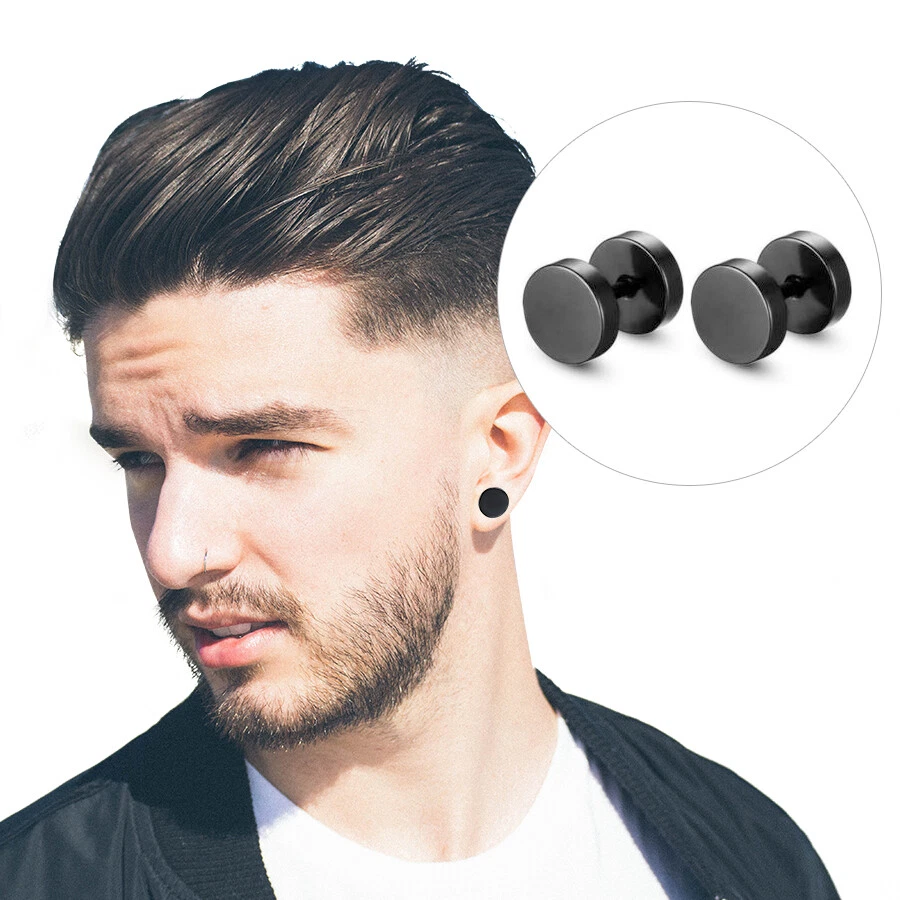 Pair Black Flat Round Barbell Plug Stud Earrings GYM MENS Stainless Steel 3-14MM - image 2 of 4
