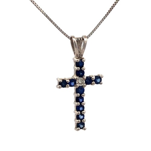 Designer 14K White Gold Blue Sapphire Diamond Pave Cross Pendant Necklace - Picture 4 of 11