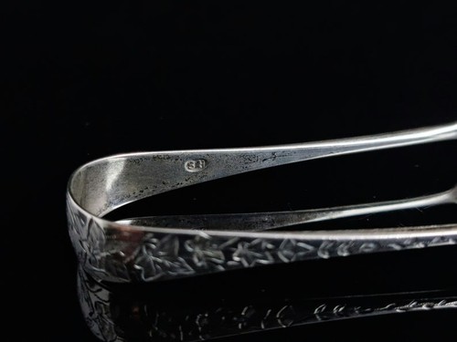 Antique sterling silver sugar tongs, nips, Ivy leaf engraved, Victorian - Picture 7 of 11
