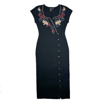 Vtg Carole Little Sweater Dress Midi Beaded Embroidery Asymmetrical Lightweight