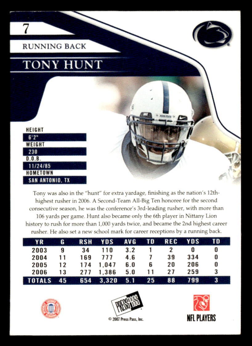 Tony Hunt 2007 Press Pass Card #7 Penn State Nittany Lions | eBay