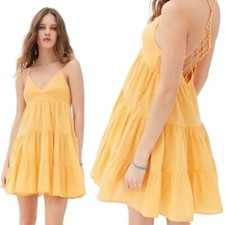 Urban Outfitters Sz S Fieldstone Ladder Open Back Tiered Dress in Mango Yellow