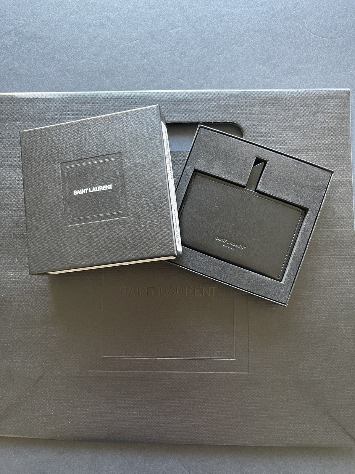 Saint Laurent porta carte compatto in pelle nera specchio in scatola nuovo con etichette