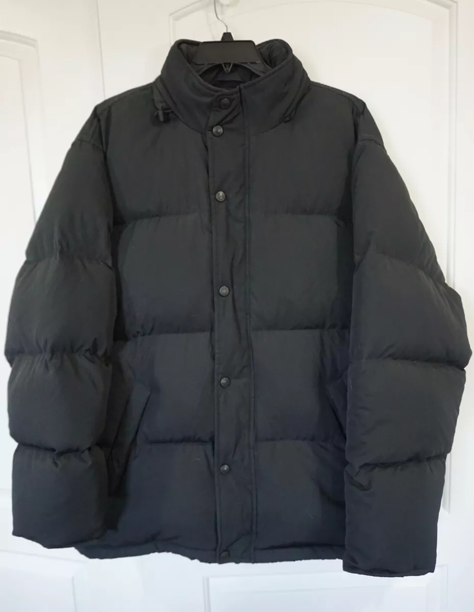 J Crew Men s Down Hooded Puffer Jacket Full Zip Snap Front Black Size 2XL