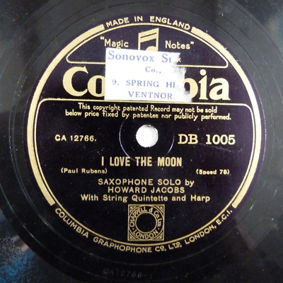 78 rpm HOWARD JACOBS SAXOPHONE SOLO i love the moon / from the land of sky blue