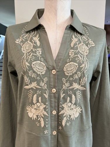 Soft surroundings woman XS Green cotton Floral Embroidered button tunic Top I - Bild 2 von 6