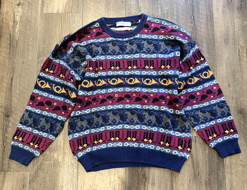 Vintage Holiday Equestrian Horse Sweater Hand Embroidered Northern Isles Sz. M