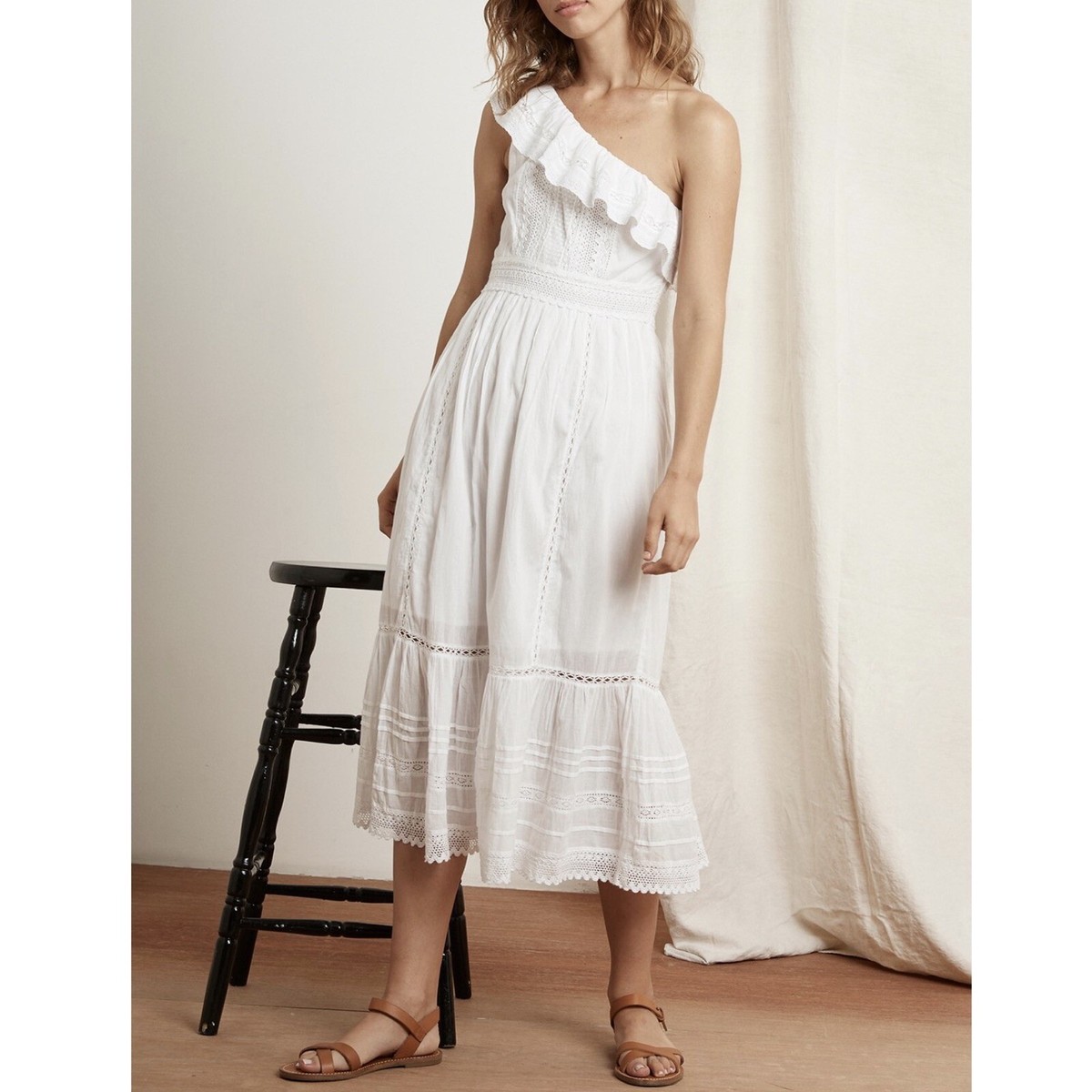 NEW Velvet Coco One shoulder Eyelet Peasant Midi Dress Size X-Large White  Lace