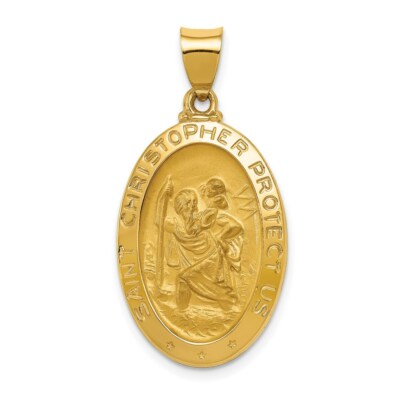 14k Yellow Gold Satin Saint Christopher Medal Charm Pendant 1.02 Inch