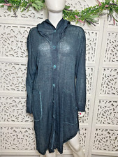 Grizas Women's Linen Hooded Sheer Teal Lagenlook Duster Jacket Size M