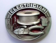 NEW ELECTRICIAN RED TRADES TRADESMAN VINTAGE TOOLS POWER LIGHT BELT BUCKLE