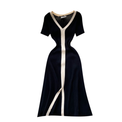 Lady Knitted Midi Dress Short Sleeve Elegant Stretch V-neck Split Slit  Tunic | eBay
