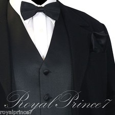 BLACK Solid Tuxedo Suit Vest Waistcoat and Bow tie Hankie Set Prom Wedding XS-6X