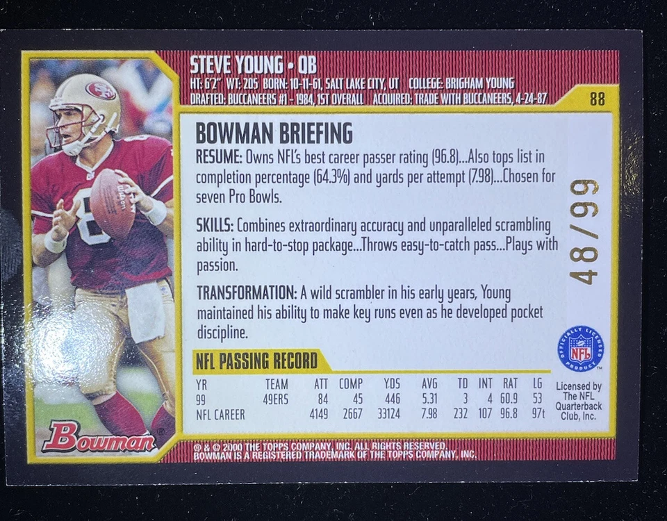 2000 Bowman Gold Foil Steve Young /99 RARE #88 San Francisco 49ers HOF 1/1 eBay - Image 2 of 4