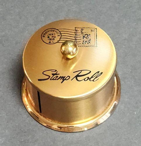 Vintage Metal, Brass-Colored Stamp Roll Holder with Lid and Felt Bottom