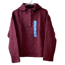 Lands' End Quilted Pullover Hoodie Women's Large Burgundy Snap Neck Top New