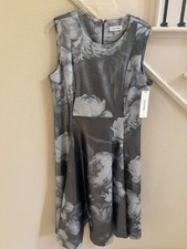 CALVIN KLEIN $134 NWT Metallic Grey Floral Scuba Sleeveless A-Line Dress Sz 14