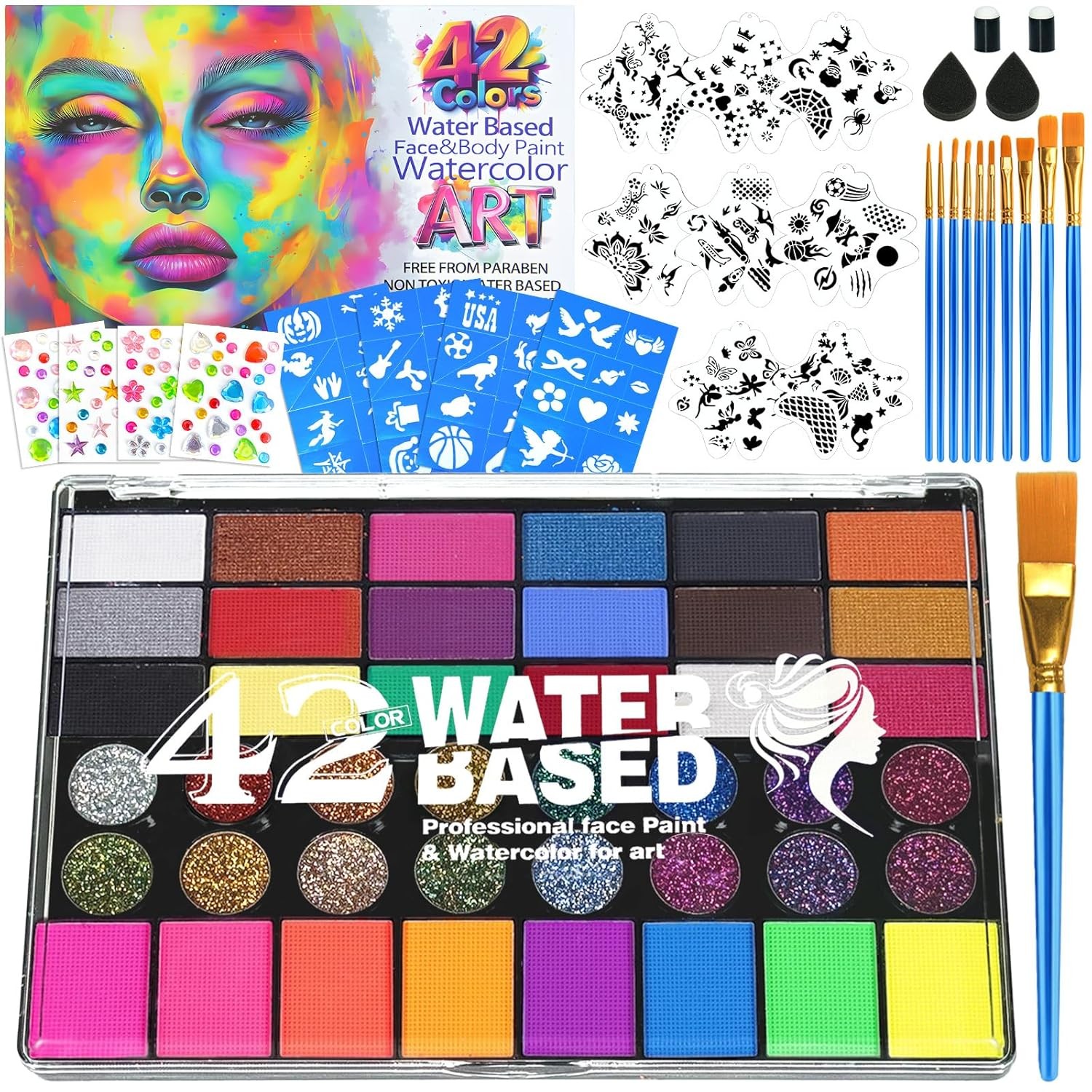 42 Color Water Activated Face Paint Kit with Stencils, Gems, Brushes for Kids