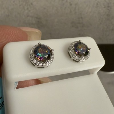 Beautiful Mystic Topaz Moissanite Halo Stud Earrings, 925 Sterling Silver ~ New