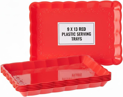 6 Pack Red Plastic Serving Trays for Party, 9 x 13 Inch - Heavy Duty Plastic Tra
