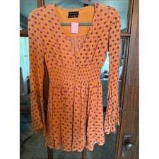 Urban Outfitters Orange Floral Smocked Waist Bell Sleeve Mini Dress Small Boho