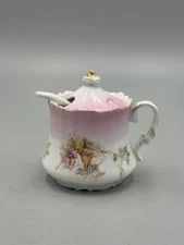 Late 19th C European Porcelain Sugar Jam Pot Pink Blush Floral Gilt with Spoon