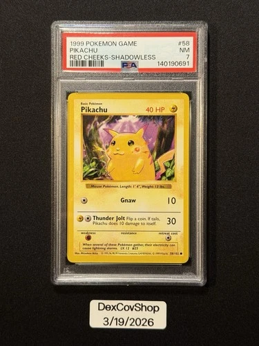 1999 Pokemon RED CHEEKS PIKACHU Base Set SHADOWLESS Error Card 58/102 Rare PSA 7