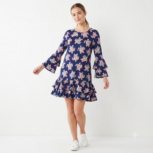 Simply Southern Sea Turtle Print Ruffle Dress Navy Blue Size S NWOT