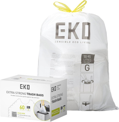 EKO 21 Gallon / 50-90 Liter, 60 Count Drawstring Trash Bags, Extra-Strong Unscen