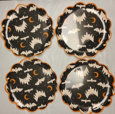 4 ct Hyde & Eek Halloween Melamine Dinner Plates Bats Moons Scalloped 10  Black