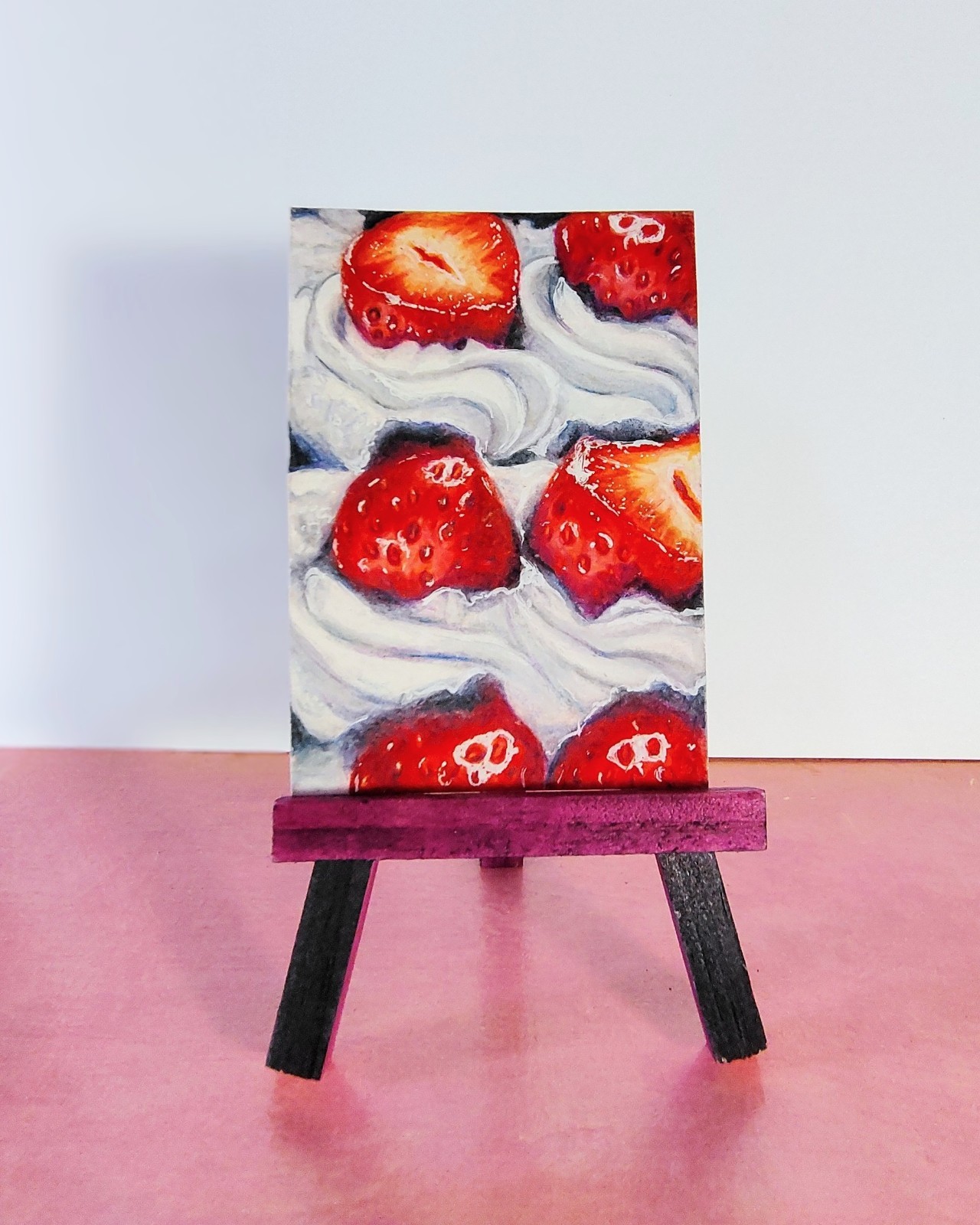 ACEO Original Art Card Strawberry Cream Vibrant Dessert Illustration Drawing