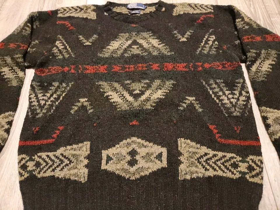 Винтажный шерстяной свитер ручной вязки Polo Ralph Lauren Southwestern Aztec Navajo M - Изображение 4 из 4
