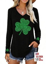 Women's St Patrick's Day T Shirts-Irish Lucky Shamrock Long Medium Black