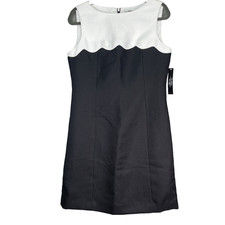 Tahari Arthur Levine Dress Size 8 Black White Shift Sleeveless Scallops