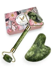 VIVIDUS Gua Sha and Jade Roller Set for Facial Massage, Improve Wrinkles, Green