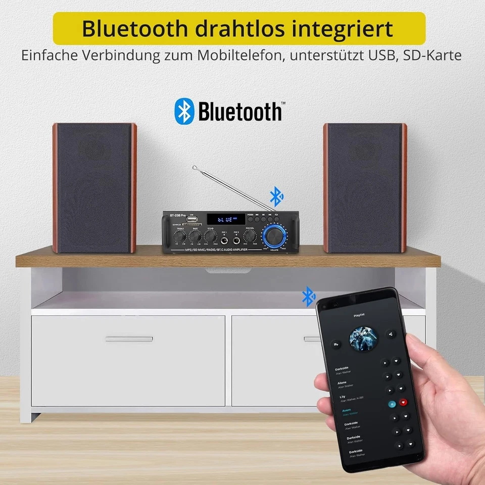 Audio Verstärker Stereo 50Wx2 Bluetooth FM USB RCA Mikrofon Kabelloser Klang - Bild 4 von 4