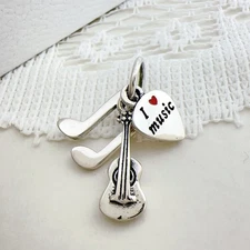 925 Silver I Love Music Guitar Note Symbols & Heart Dangle Charm fit Bracelet