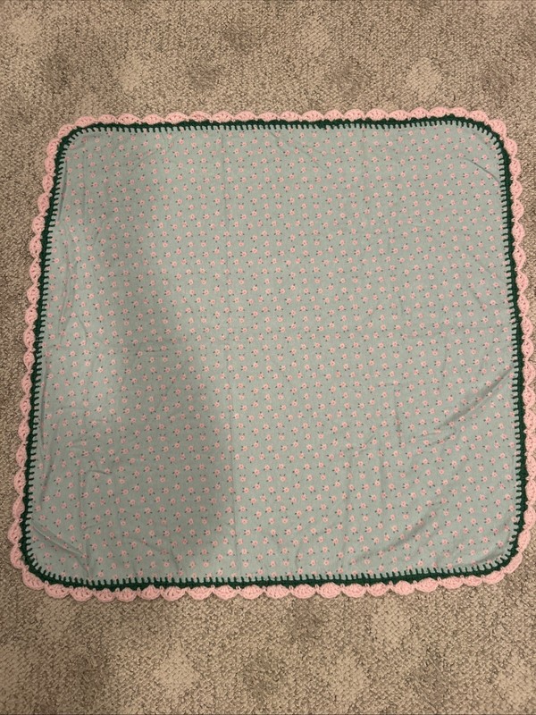 Handmade Crocheted Edge Blanket 29” X 30” Pastel Pink Green Blue Flowers