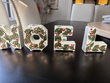 Vintage Christmas NOEL Letters White Ceramic Candle Holders Japan W/ Holly