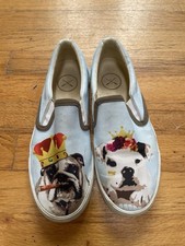 Inkkas Handmade Mismatch Bulldog King Crown Slip On Slides Canvas Shoes W 8 M 6