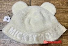 2025 Disney Parks Mickey Mouse Ears Sherpa Fuzzy Winter Bucket Hat White New
