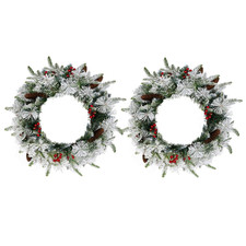 2PCS 18in Pre-lit Snow Flocked Artificial Christmas Wreath 60 LED Lights Decor