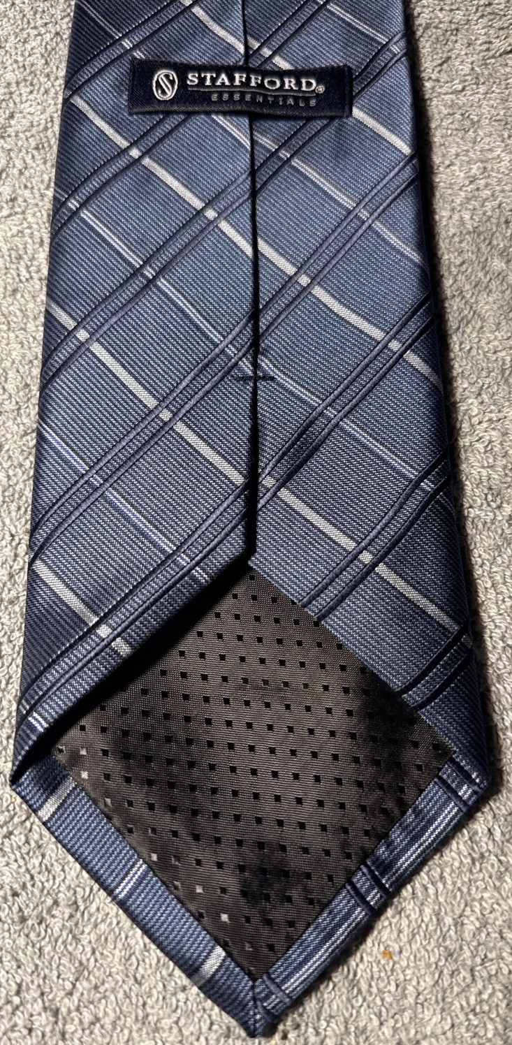 Stafford Essentials Men's Tie Blue Grey Plaid Checkered Geometric Silk Blend thumbnail 3