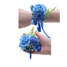 2pcs Royal Blue Flower Wrist Corsage Boutonniere Set,Silk Rose Carnation