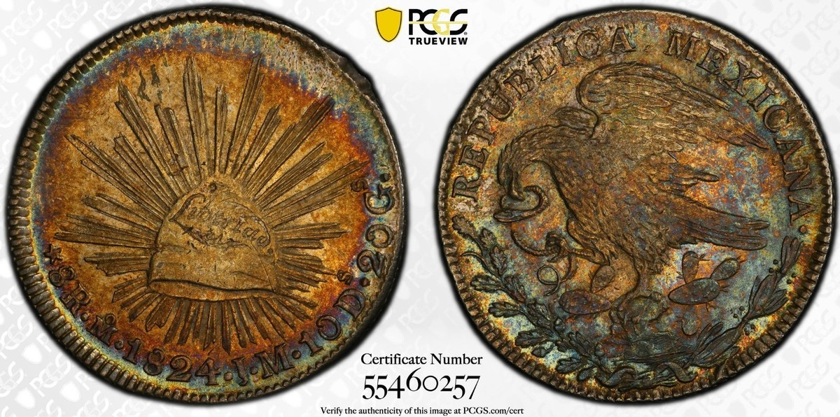 Mexico Republic 'Hookneck' 8 Reales 1824 Mo-JM PCGS MS-61! Mexico